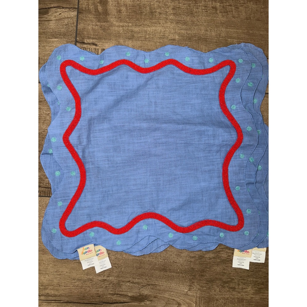 Susan Alexandra New York Beaded Linen Scalloped Napkins Set of 2 Blue Red Wavy